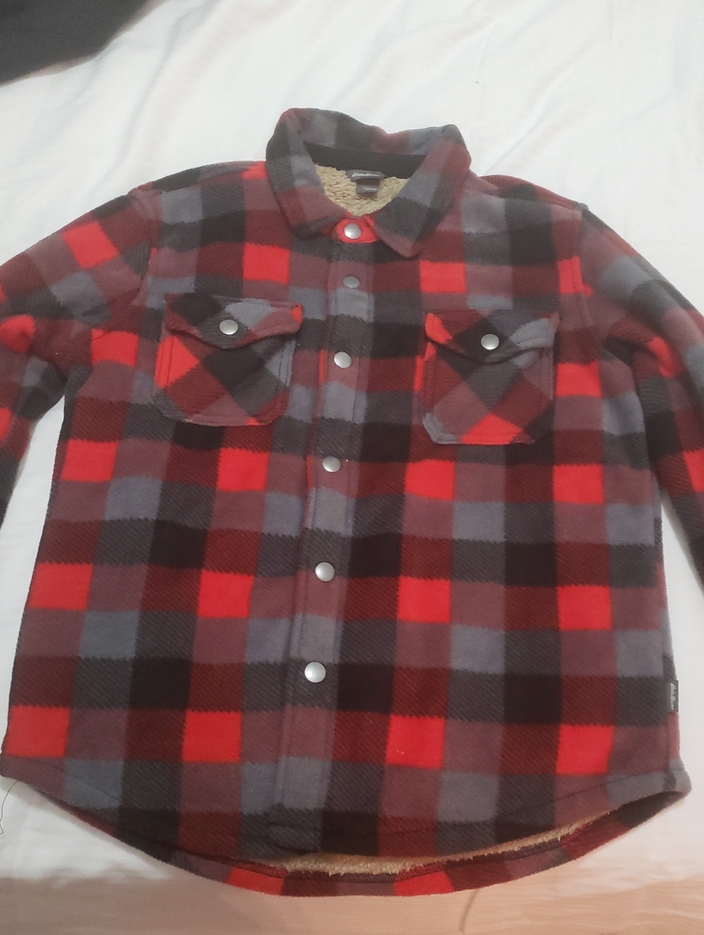 Eddie Bauer Red, Gray and Black Plaid Sherpa-Lined Button-Down